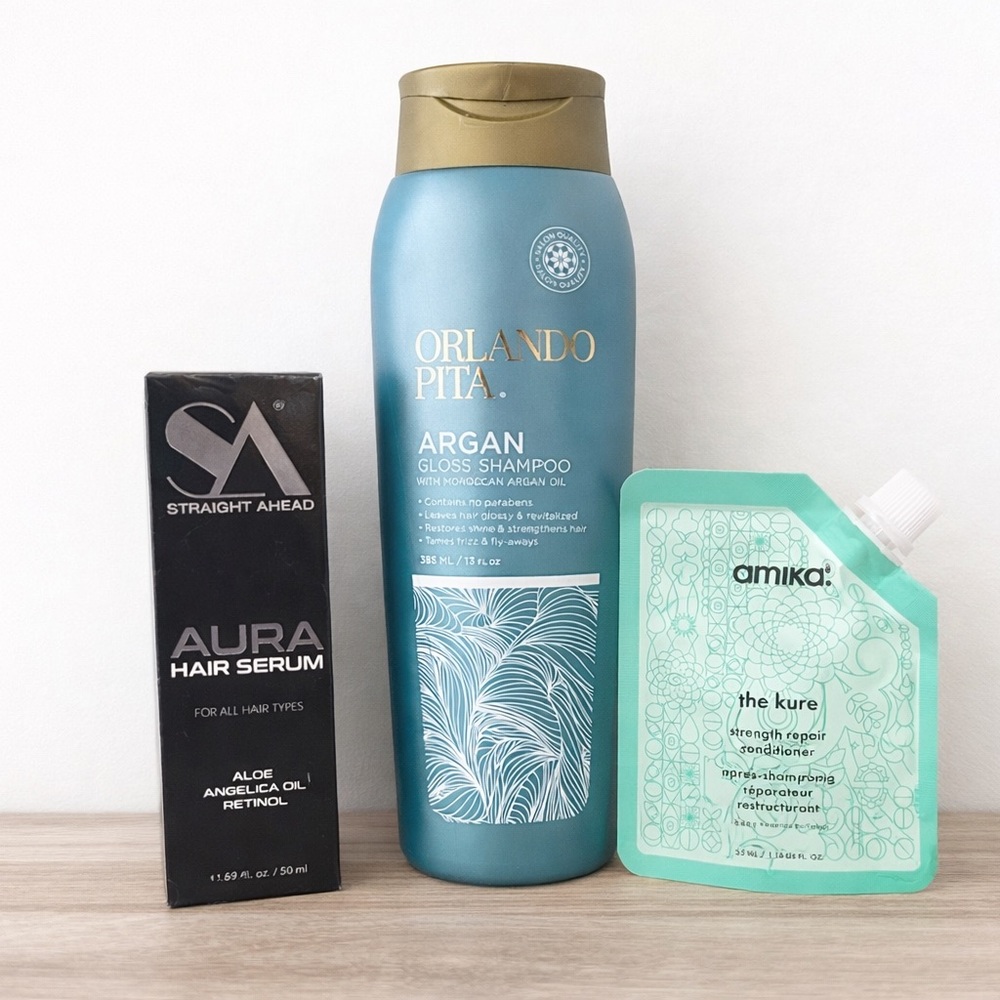 Haircare Bundle Orlando Pita Argan Shampoo+Aura Hair Serum+Amika  The Kure